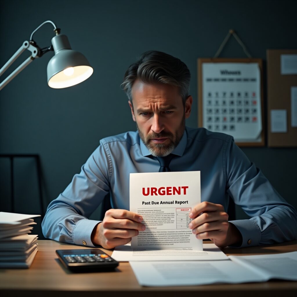Stressed businessman reviewing an 'URGENT Past Due Annual Report' notice at his desk, illuminated by a table lamp. A calendar hangs on the wall, and scattered paperwork and a calculator add to the tense atmosphere.