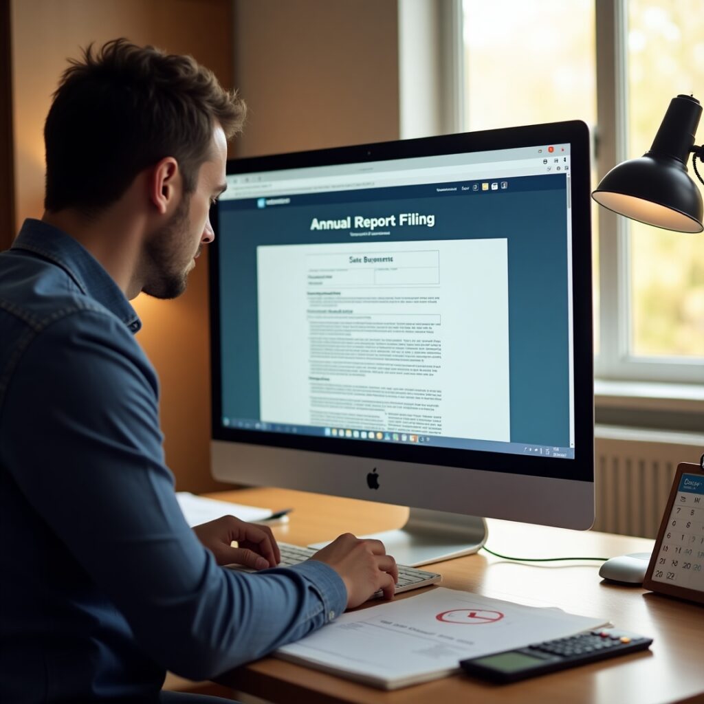 Entrepreneur filing an 'Annual Report' form on an iMac at a well-organized desk with a calculator, table lamp, and calendar. Business paperwork with a checkmark is placed beside the keyboard, and natural light from a window enhances the workspace.