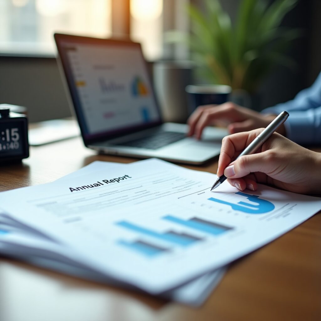 Close-up of a professional reviewing an 'Annual Report' document with charts and graphs, while a colleague works on a laptop analyzing business data. Office desk setup with natural light and a plant in the background.