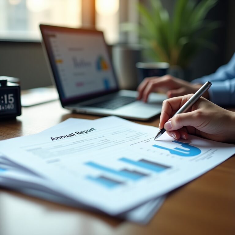 Close-up of a professional reviewing an 'Annual Report' document with charts and graphs, while a colleague works on a laptop analyzing business data. Office desk setup with natural light and a plant in the background.