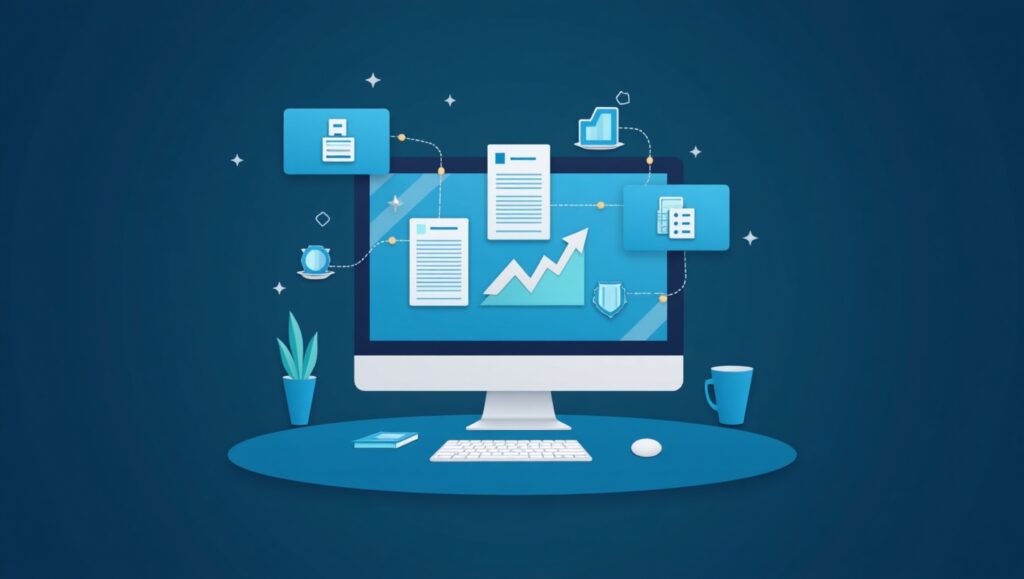 Illustration of a computer on a desk with a coffee mug, plant, notebook, keyboard, and mouse. The screen displays documents, a rising graph, and a shield icon symbolizing security. Arrows connect documents to a clock, printer, folder, and document cabinet, representing workflow automation. The image visually depicts automated compliance solutions for secure and efficient business management.