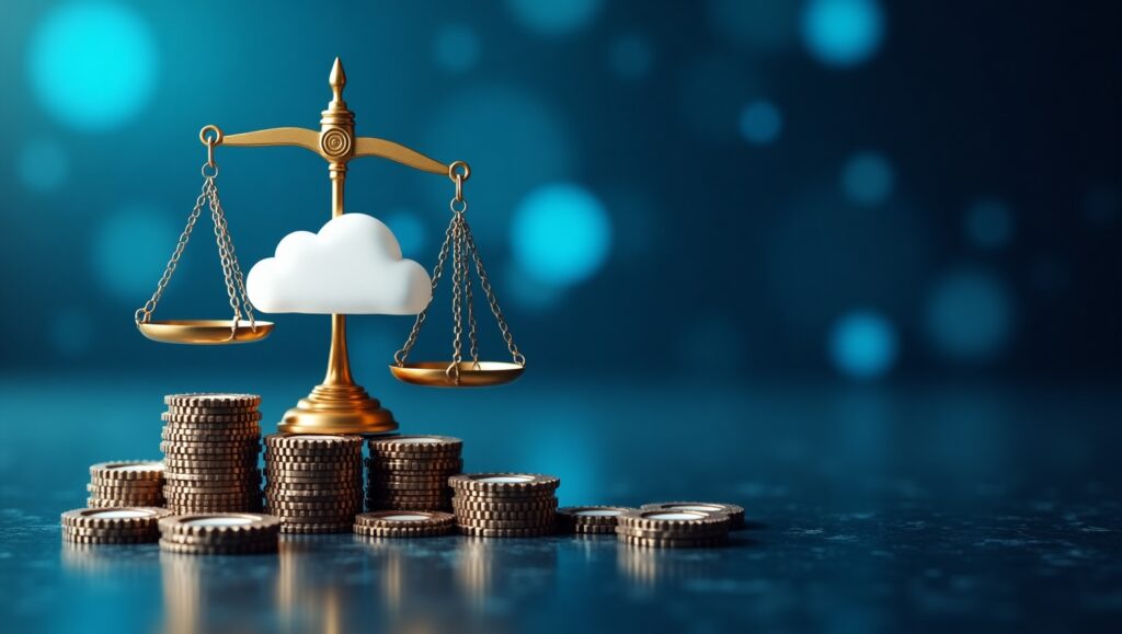 Golden justice scale with a cloud icon at the center, symbolizing the future of automated compliance solutions. Gears in the foreground represent technological advancements in regulatory automation, set against a sleek futuristic background