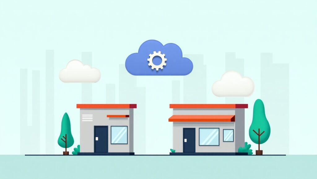 Illustration of two businesses side by side with trees, a faint cityscape in the background, and three clouds above—two white and one blue with a gear icon, symbolizing automated compliance solutions ensuring regulatory coverage for businesses.