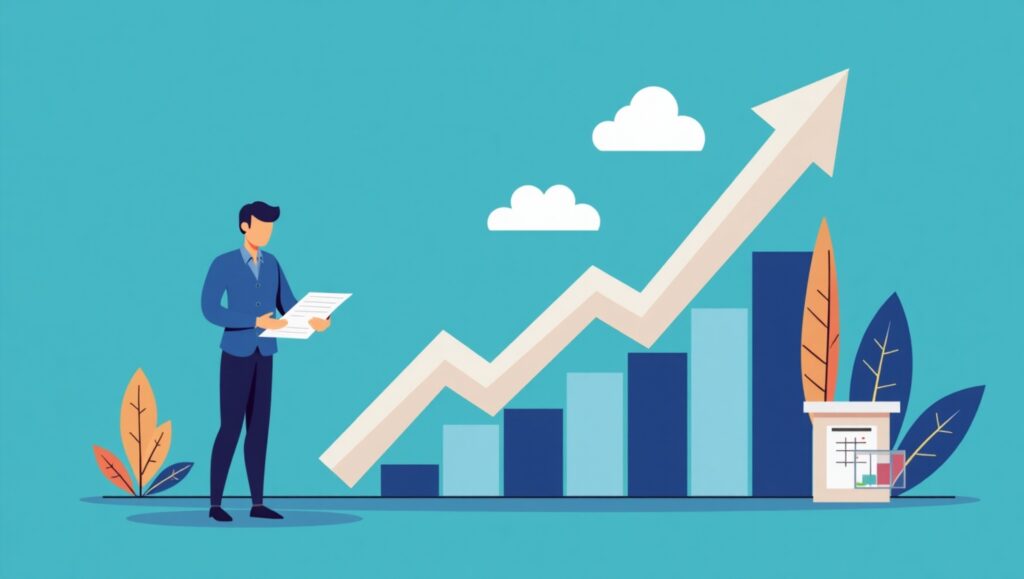 Illustration of a business owner analyzing a document with positive results after implementing automated compliance solutions, with an upward-trending bar chart and arrow symbolizing business growth under a clear sky with clouds.