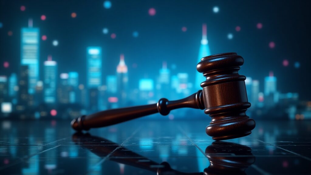 A wooden gavel resting on a reflective surface, symbolizing justice and compliance, with a futuristic city skyline glowing in the background at night—representing the digital transformation of regulatory enforcement.