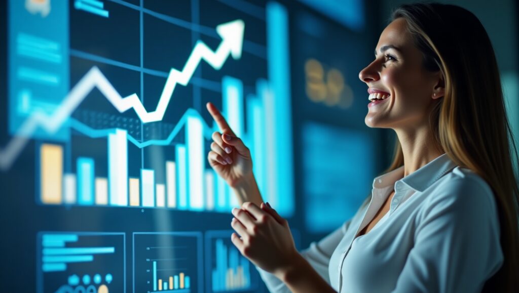 A smiling business owner pointing at a digital screen displaying upward-trending graphs and analytics, reflecting business growth after implementing automated compliance solutions.