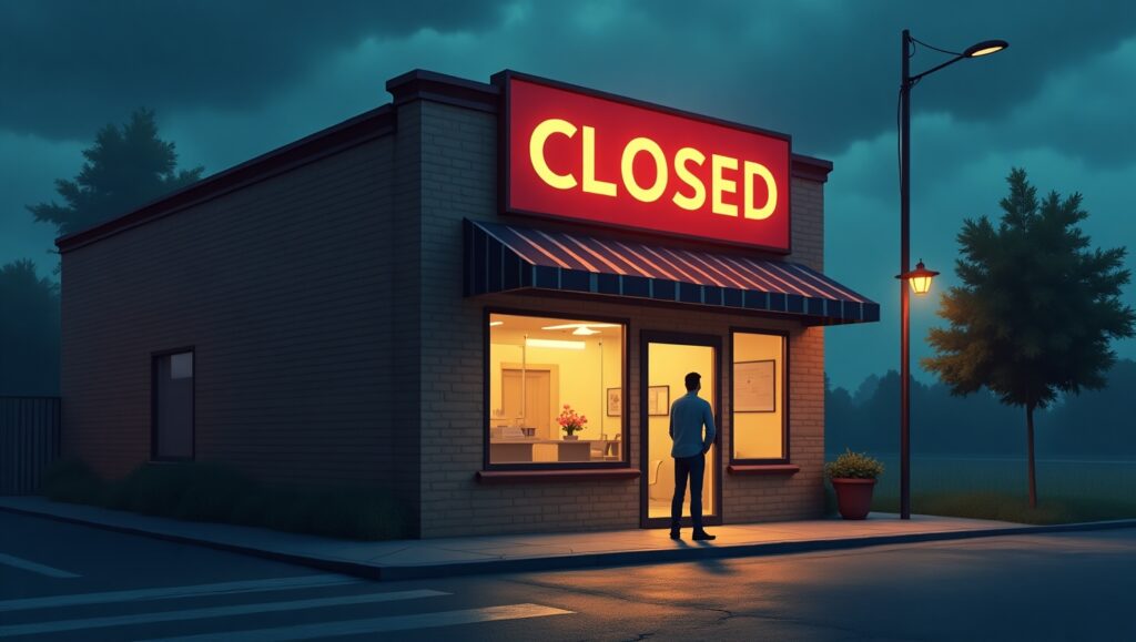 A small business storefront at night with a glowing red 'CLOSED' sign in yellow text. The concerned owner stands outside on the sidewalk, looking in. The store’s interior lights are still on, revealing a desk, a flower vase, and framed papers on the wall. A streetlight casts a dim glow, with trees in the background under a dark, moody sky, symbolizing business closure or financial struggles.